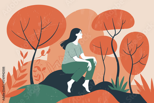 A woman sits in a peaceful, natural setting, surrounded by stylized trees and foliage in warm, earthy tones, gazing into the distance.
