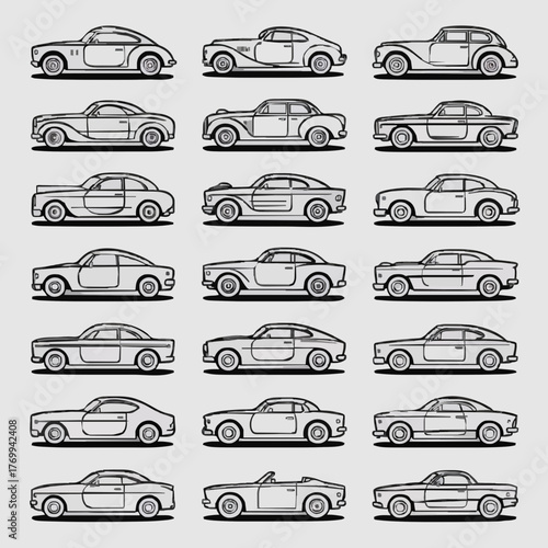 Vintage European Sports Car Outline Set: Minimalist Black and White Classic Automobile Drawings