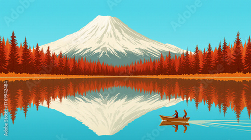 Serene mountain lake reflection with rowboat