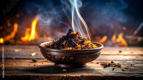 Incense Bowl with Smoke and Fire Background on Wooden Table.
