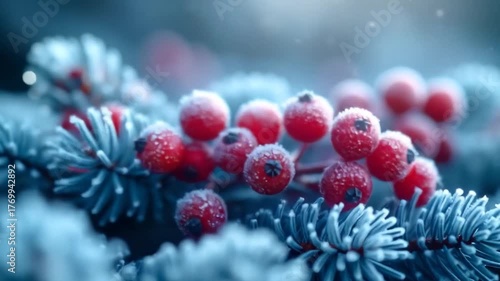 Close-up of frosted red berries on a blue-green evergreen branch.