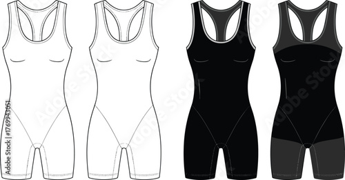 Women's athletic suit template, wrestling singlet design, black and white outfit, technical fashion sketch, sportswear mockup, fitness apparel illustration