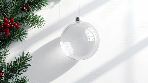 Christmas Ornament Hanging with Pine Branches and Berries on White Background.