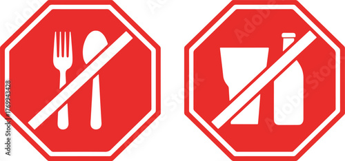 No Food and No Drinks Allowed Prohibition Signs in Red Octagonal Warning Style, Vector Illustration