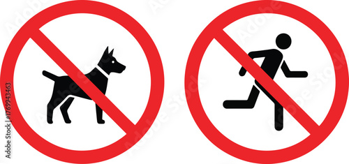 A set of red prohibition signs indicating no dogs allowed and no running, presented as a clear vector icon illustration