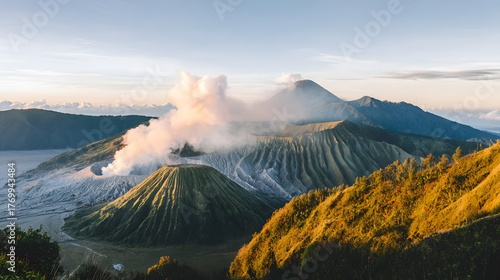 fumarole. Volcanic crater emitting white smoke against a rocky landscape. ESG reports, sustainability campaigns, designed for environmental awareness campaigns, used by sports marketers.