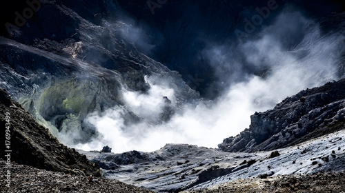 fumarole. Volcanic crater emitting white smoke against a rocky landscape. ESG reports, sustainability campaigns, designed for environmental awareness campaigns, used by sports marketers.