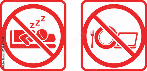 Set of red prohibition signs indicating rules for public spaces, no sleeping, no food, and no laptops allowed