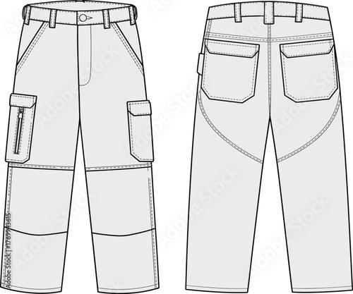 Cargo pants sketch, front and back view, zipper pocket, flap pocket, articulated knees, belt loops, fashion illustration, garment template, utility design, apparel mockup