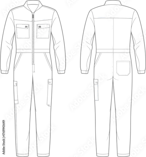Coverall technical sketch, front and back view, zipper closure, chest pockets, thigh pockets, pen slot, stand collar, fashion illustration, garment template, workwear design