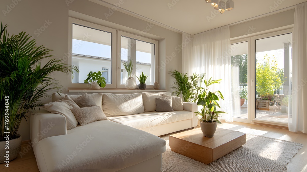 Naklejka premium Brightly illuminated living space features comfortable seating and numerous indoor plants near large windows