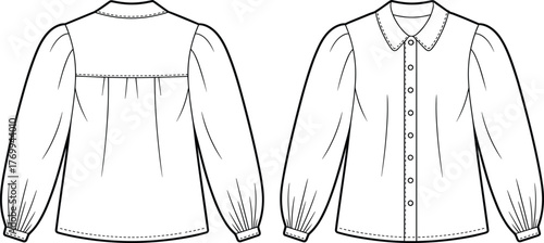Long sleeve blouse sketch, fashion flat illustration, scalloped collar detail, gathered yoke design, button-down front view, sewing pattern template, stylish garment outline, vector clothing drawing