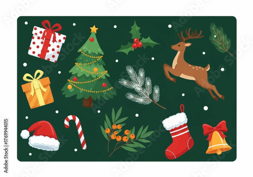 Christmas holiday elements collection with festive decorations and symbols.