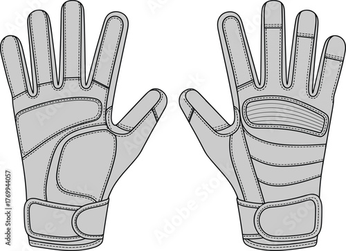 Protective gloves sketch, palm and back view, padded design, reinforced stitching, wrist strap, sports gear, fashion illustration, garment template, tactical wear, athletic accessory