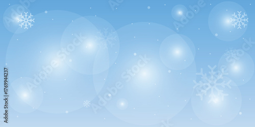 Natural Winter Christmas background with blue sky, heavy snowfall, snowflakes in different shapes and forms, snowdrifts. Winter landscape with falling Christmas shining beautiful snow. 