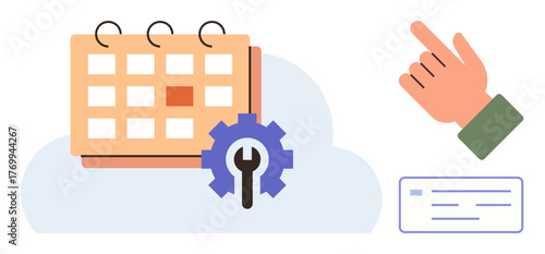 Calendar with gear icon for settings, hand gesture pointing, and document snippet. Ideal for scheduling, planning, productivity, workflow, digital tools organization and task tracking. Simple flat
