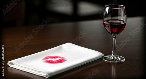 Following a romantic dinner, red lipstick remains imprinted on the white linen next to half-empty glass of wine.Valentine's Day mood,copy space.