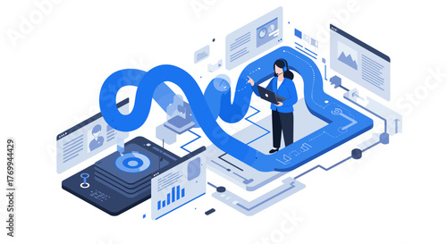 Customer Service Representative Using Laptop with Headset.