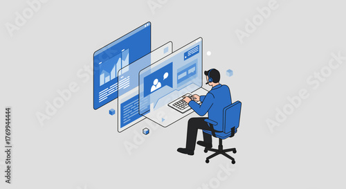 Customer Service Representative Working on Computer with Headset.