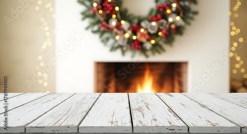 Empty wooden table in front of blurred fireplace decorated for christmas