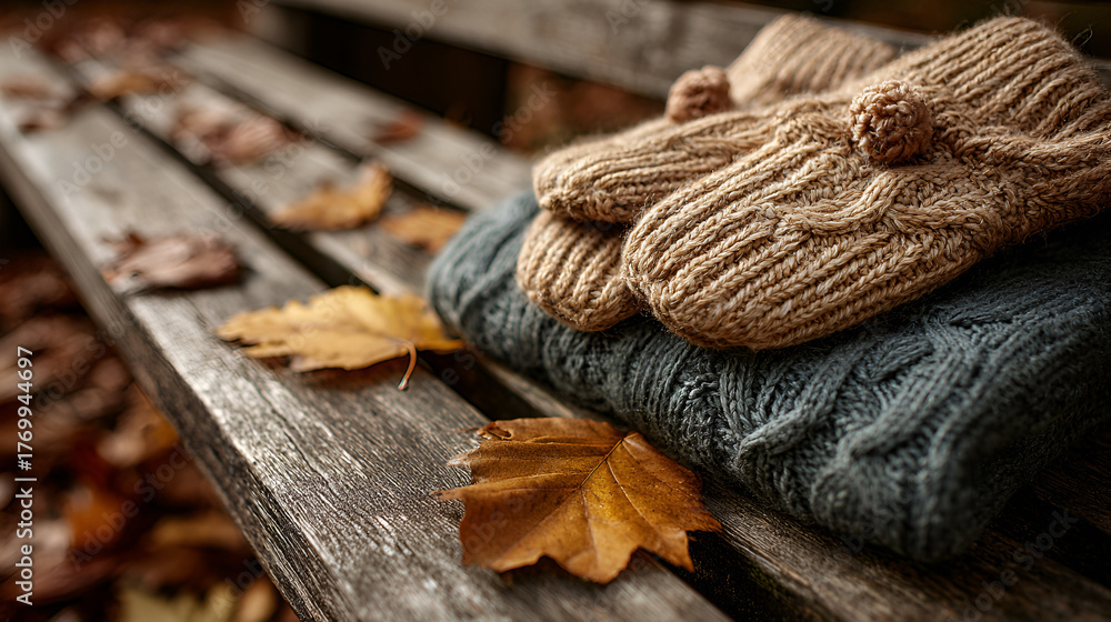 Fototapeta premium Autumn Scene with Knit Sweater and Mittens on Bench Rustic Fall Setting with Cozy Knitwear and Leaves