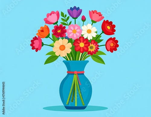 Cartoon bouquet of colorful flowers in a blue vase