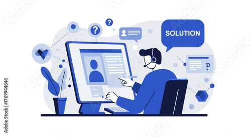Customer Service Representative Providing Solutions with Computer.