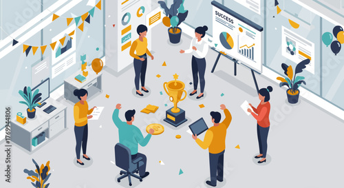 Team Celebrating Success Around Golden Trophy in Office.