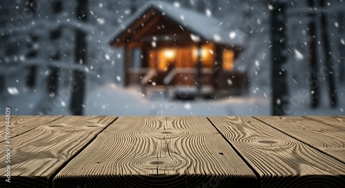 Wooden table top with blurred cozy house in winter forest during snowfall