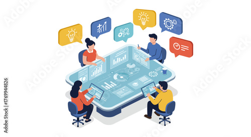 Team Collaboration Around a Futuristic Data Table.
