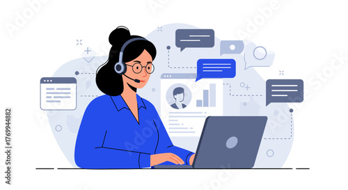 Female Customer Service Representative Working on Laptop.