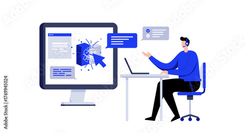 Customer Service Representative with Headset and Laptop.