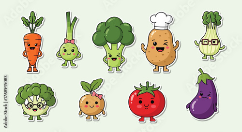 Collection of cute kawaii vegetable character stickers. Healthy food mascots including carrot, broccoli, potato, and tomato in a flat cartoon style
