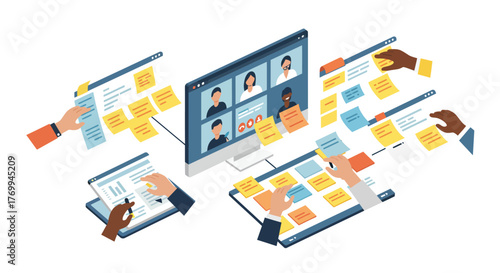 Collaborative Online Meeting and Project Management Illustration.