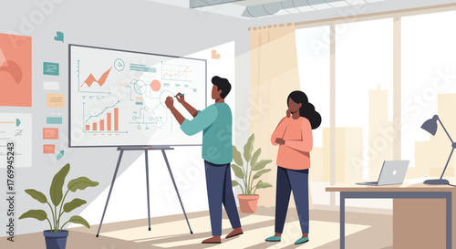 Business Presentation with Two People Analyzing Charts.