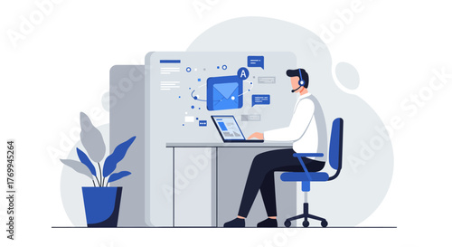 Customer Service Representative Working on Laptop with Headset.