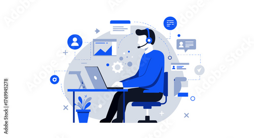 Customer Service Representative Working on Laptop with Headset.