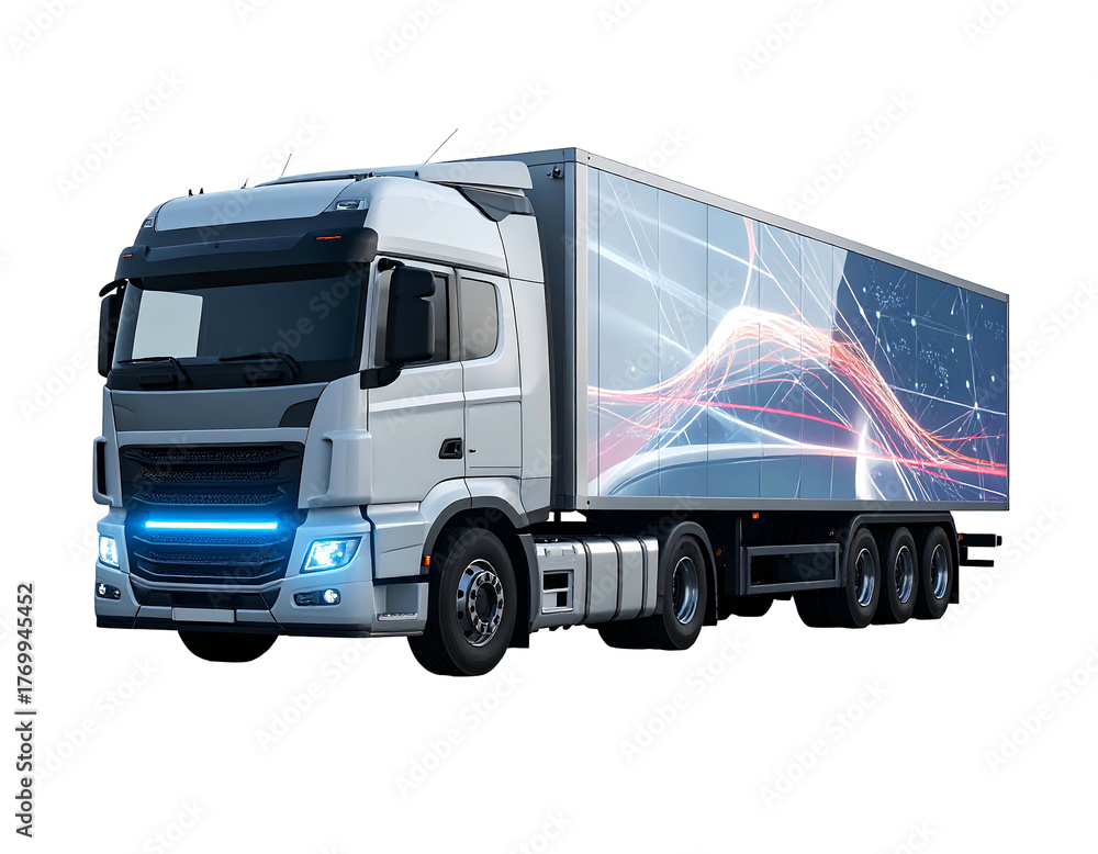 Fototapeta premium White semi-truck with a wavy, abstract design on the trailer against a dark background