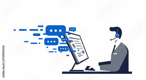 Customer Service Representative with Headset and Computer Chatting.