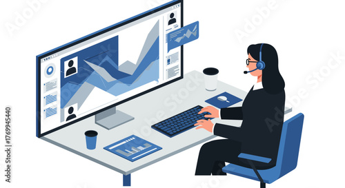 Businesswoman Working on Computer with Headset and Graphs.