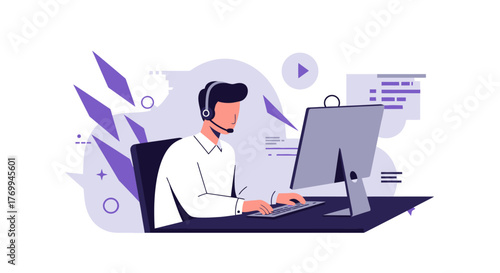 Customer Service Representative Working at Computer with Headset.