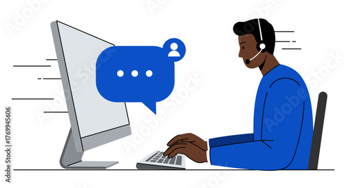 Customer Service Representative Working on Computer with Headset.