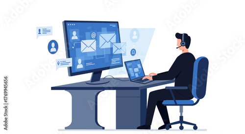 Customer Service Representative Working with Computer and Headset.