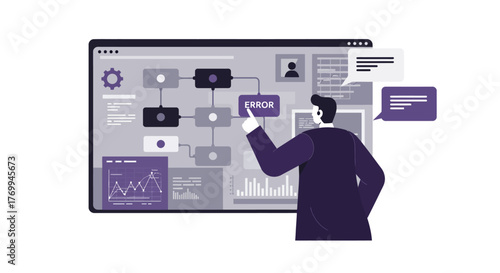 Businessman Pointing at Error Message on Screen.