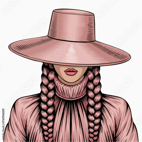 monochrome pink braided portrait with wide‑brim hat and pleated high‑neck top; merchandise for prints, postcards, stickers, and apparel panels