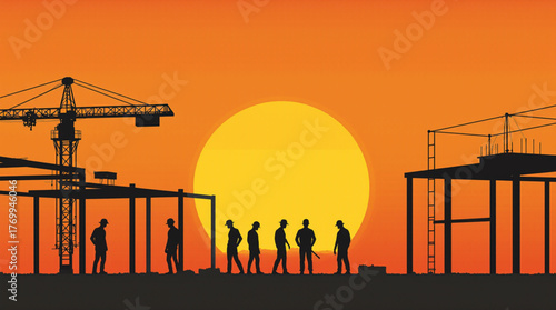 Construction workers and cranes silhouetted against a vibrant sunset