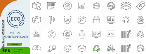 Eco Virtual Nutrition Coach Icon Pack – Line Style Symbols of Sustainability, Green Living, and Conscious Consumption