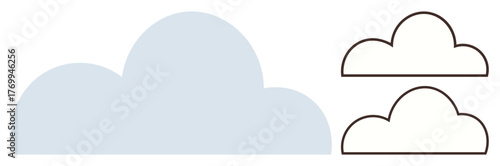 Minimalist cloud designs of various styles in soft blue fill and bold outlines. Ideal for weather, nature, digital storage, connectivity, simplicity, creativity, forecast. A simple flat metaphor