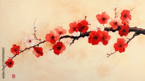 Artistic Peach Blossoms, Asian Style Painting, Soft Colors, Decorative Background. Possible Use Fine Art Print, Wall Decor