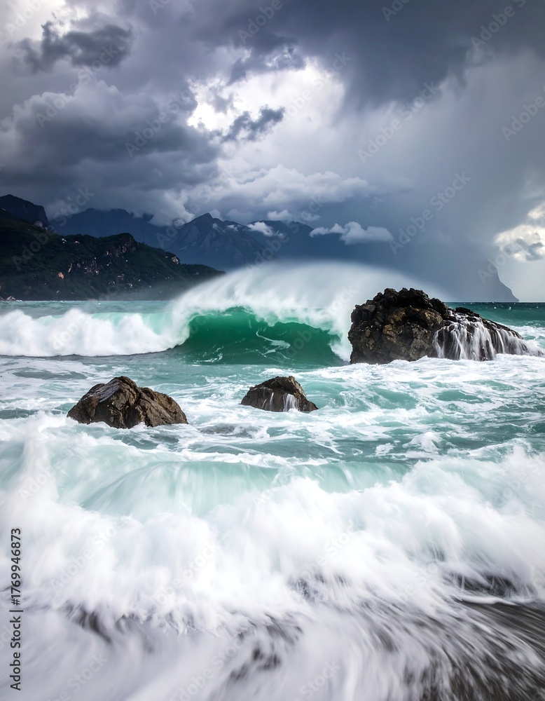 Fototapeta premium Dramatic coastal scene with crashing waves under a stormy sky